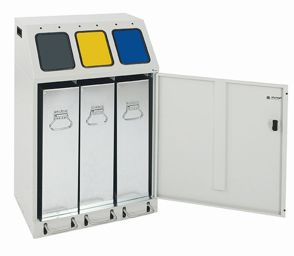tri des déchets contondants Triplex - collecteur triple avec levier au pied, RAL 7035 / 7016, 1003, 5010, 635-075-1-2-300