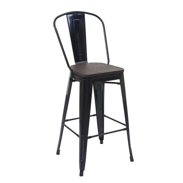 Tabouret de bar Mendler HWC-A73 avec assise en bois, tabouret de bar avec dossier, design industriel en métal, noir, 74896