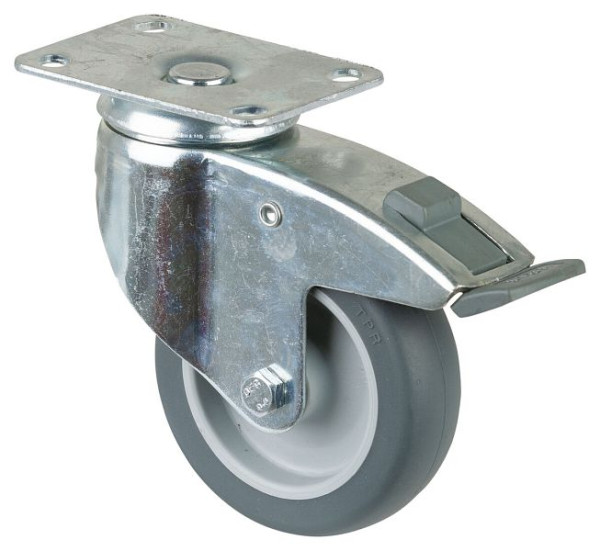 Roulettes BS Roulette pour appareil lourd avec frein, largeur 30 mm, Ø100 mm, jusqu'à 80 kg, caoutchouc gris, palier lisse, platine, lot de 4, C120.A80.100