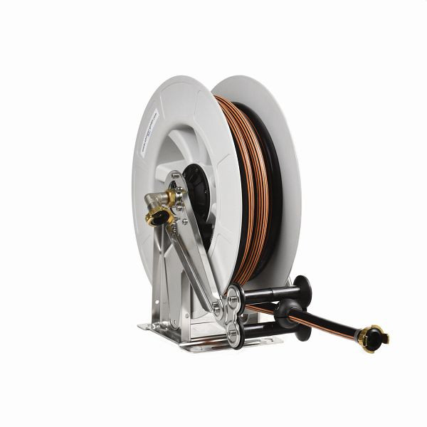 Enrouleur de tuyau Ebinger OSK 400, eau chaude, châssis et axe en acier inoxydable, tambour ABS, tuyau de 15 m, 1/2" ID, 3.404.105
