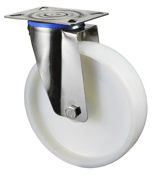 Rouleau de transport BS rollers en acier inoxydable, largeur de roue 50 mm, roue Ø 200 mm, capacité de charge 300 kg, bande de roulement/corps de roue en plastique, palier lisse, plaque, H100.A90.200
