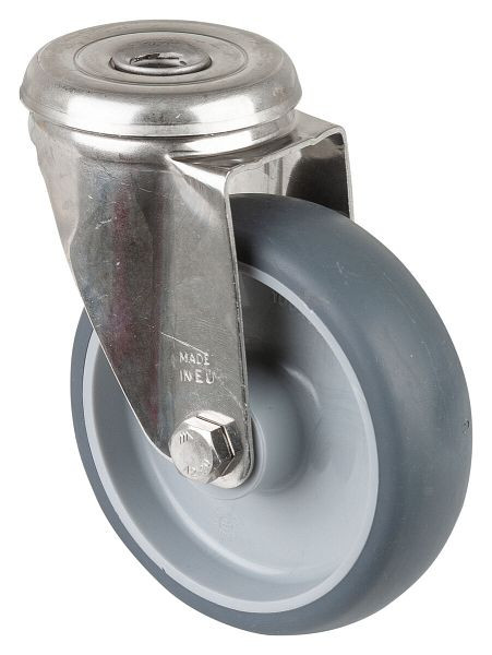 Rouleau de transport en acier inoxydable BS rollers, largeur 30 mm, Ø100 mm, jusqu'à 80 kg, pneus thermoplastiques gris, corps de roue en plastique, paliers lisses, H101.B43.100