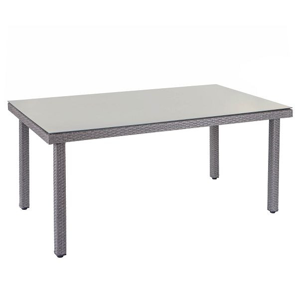 Table de jardin en rotin synthétique Mendler Cava, table à manger avec plateau en verre, 160x90x74cm, gris, 64311