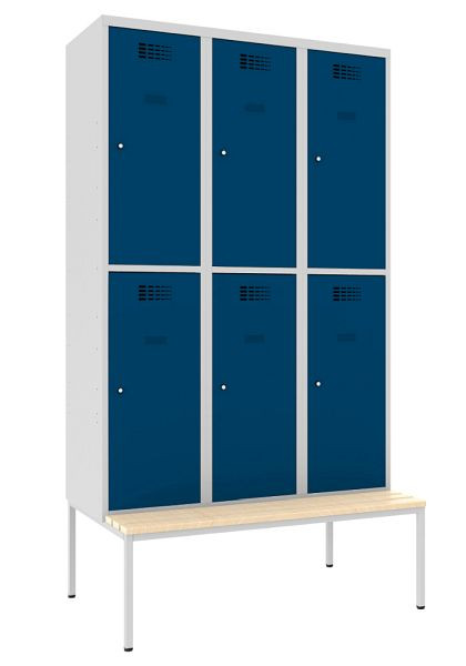 Armoire KEMMLIT 3 compartiments et 6 portes 30cm avec banc, bleu gentiane 5010, loquet tournant, 100329