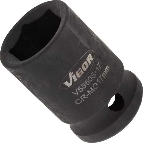 Douille pour clé à chocs VIGOR, courte, carrée creuse 12,5 mm (1/2 pouce), profil à six pans extérieurs, 17 mm, V5550S-17