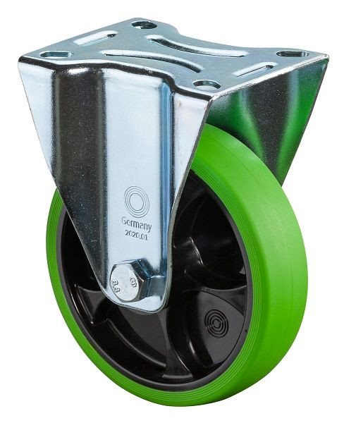 Rouleaux de transport à rouleaux fixes BS, roue en caoutchouc thermoplastique, pneu vert, roulement à rouleaux, plaque, diamètre : 125 mm, paquet : 2 pièces, L410.B44.126.04
