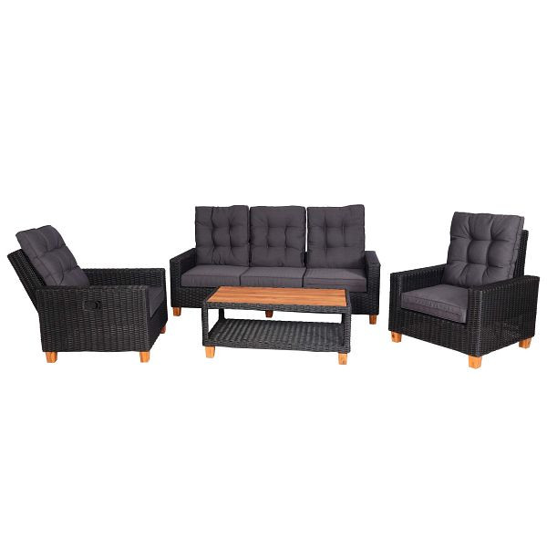 Ensemble de jardin Mendler HWC-G28, salon, bois d'acacia, rotin semi-circulaire réglable FSC, anthracite, coussins gris, 71187+71188