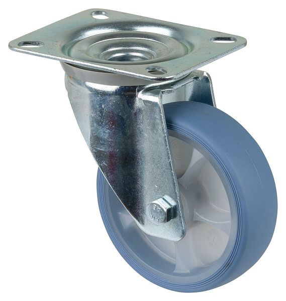 Roulette de transport pivotante BS Rollers, roue en caoutchouc thermoplastique, pneu bleu clair, roulement à rouleaux, plaque, diamètre : 100 mm, lot de 4, L400.B44.101.05