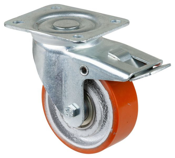 Rouleau de transport BS rollers avec frein, largeur 38 mm, Ø100 mm, jusqu'à 295 kg, polyuréthane coulé 95 Shore A, corps de roue coulé, roulement à billes, LB520.C10.100