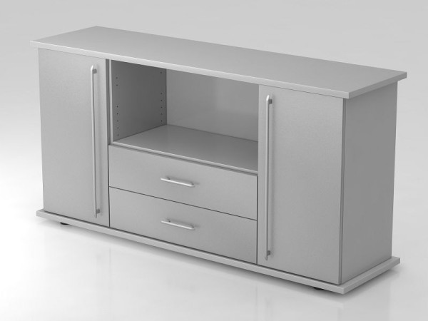 Buffet Hammerbacher 2 portes, 2 tiroirs, poignée de garde-corps gris/argent, 166,1x44,8x84 cm (LxPxH), VSBTS/5/S/RE