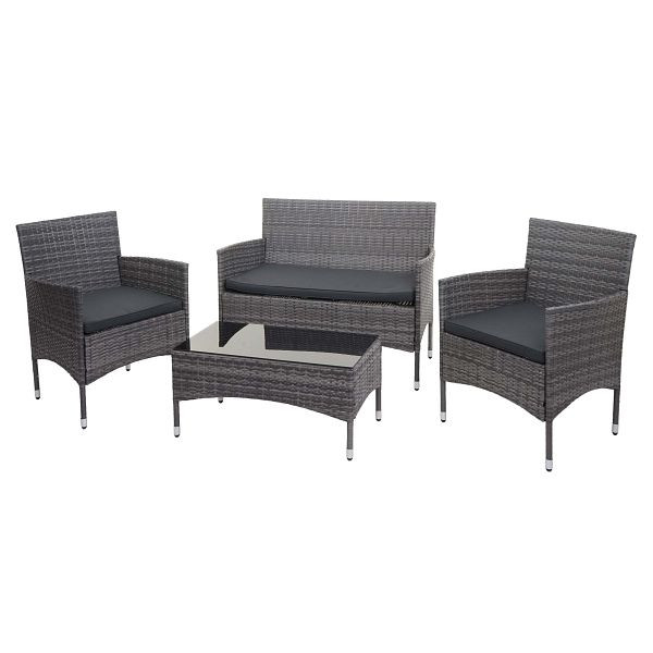Mendler ensemble en polyrotin HWC-F55, ensemble de balcon/jardin/salon canapé, gris, coussins gris foncé, 76117