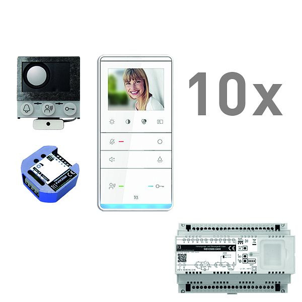 Boîte vocale encastrable vidéo TCS, 10 unités résidentielles, haut-parleur encastrable ASI12000 + 10x haut-parleur mains libres IVW5111, centrale + transmetteur vidéo bifilaire, PVIF100/001