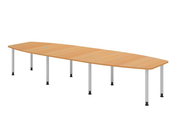 Table de conférence Hammerbacher KT40C, 400 x 130 cm, plateau : hêtre, épaisseur 25 mm, cadre à huit pieds argenté, tube rond 6 cm, hauteur de travail 72-74 cm, VKT40C/6/S