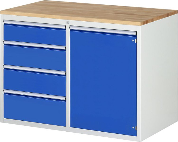 Armoire à tiroirs RAU série 7000 L1145xP650xH825mm, tiroirs gauche H150, 2xH180, H210mm, porte battante droite, plan de travail en hêtre massif, 03-LL5.21.12AB.11