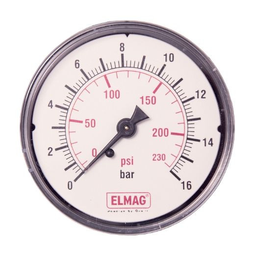 ELMAG manomètre boîtier métallique 0-16 bar, Ø 63 mm, 1/4', filetage extérieur à l'arrière, 42239