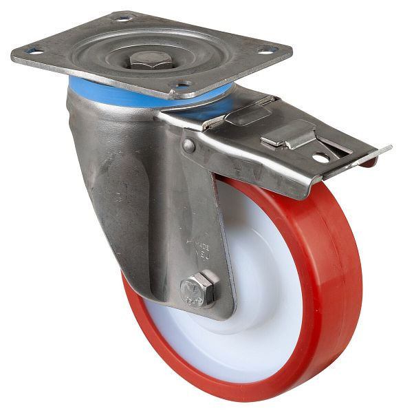 Roulettes pivotantes pour charges lourdes en acier inoxydable, acier inoxydable, avec frein, roue en polyuréthane rouge à palier lisse, plaque à visser 150 mm, 600 kg, HS120.B27.150