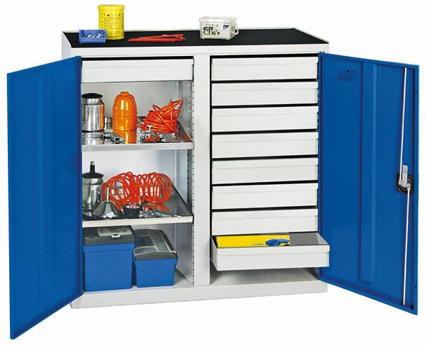 armoire à outils et matériaux contondants série 2000, 7035/5010, 9 tiroirs, cloison centrale, 2 étagères, 2002974