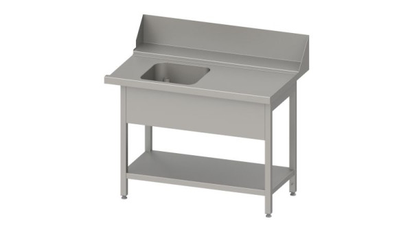 Table d'alimentation en acier inoxydable Stalgast, guide de panier avec pente, étagère de base, 1 bac, 900x750x880mm, côté d'installation à droite, dosseret, panneau de bac, VZL09714RA