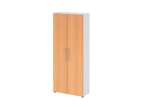 Armoire Hammerbacher 4100 BM, 5 OH, couleur du corps : blanc / couleur de la façade : hêtre, 80 x 34,6 x 188 cm (LxPxH), angle d'ouverture 110°, poignée courbée BM, V4100/W/6/BM