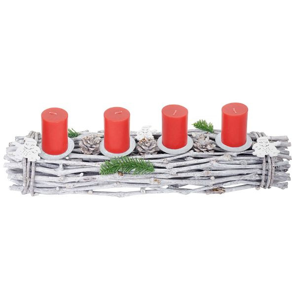 Couronne de l'Avent Mendler allongée, décoration de Noël Arrangement de l'Avent, bois 60x16x9cm blanc-gris, avec bougies, rouge, 56641