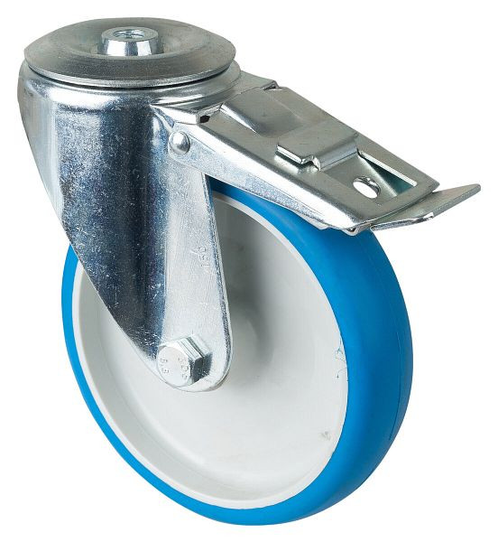 Rouleau de transport BS rollers avec frein, largeur 35 mm, Ø150 mm, jusqu'à 150 kg, bande de roulement polyuréthane bleu, corps en plastique, roulement à rouleaux, L121.B36.150