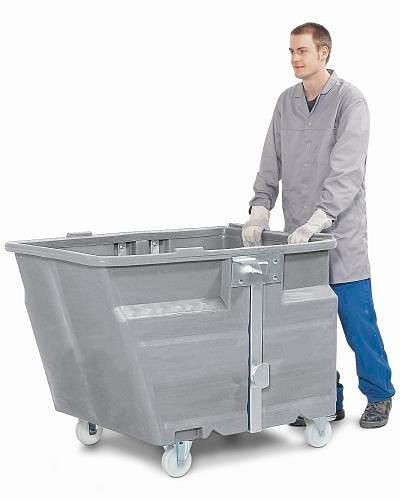 Benne basculante DENIOS PolyMaxx en polyéthylène (PE), avec roulettes, gris