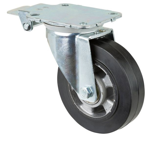 Roulettes BS Roulette pivotante avec frein central, bandages élastiques noirs, jante aluminium, roulement à billes, platine, diamètre : 160 mm, L440.B80.160