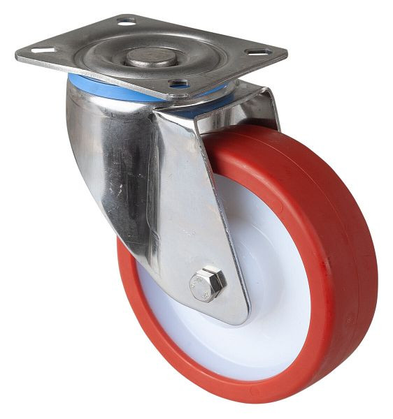 Roulette pivotante pour charges lourdes en acier inoxydable, roue en polyuréthane rouge, roulement lisse, plaque à visser 125 mm, capacité de charge 300 kg, HS100.B27.125