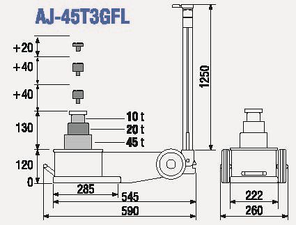 Cric hydraulique pneumatique 3 étages TDL, capacité : 45t, AJ-45T3GFL