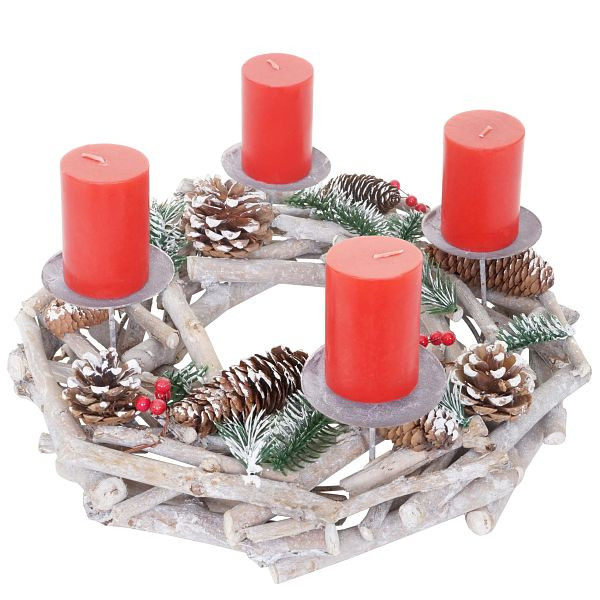 Couronne de l'Avent Mendler ronde, couronne de table de décoration de Noël, bois Ø 35cm blanc-gris, avec bougies, rouge, 56575
