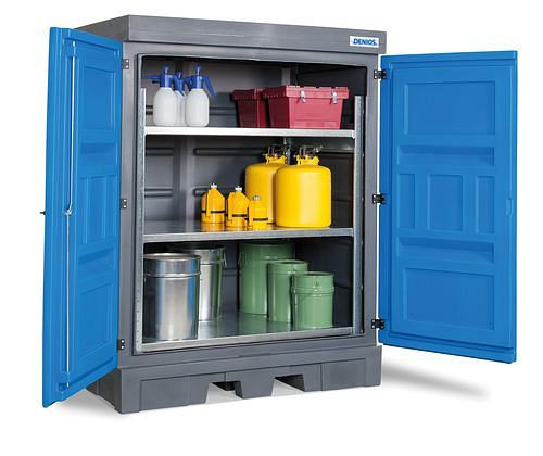 Dépôt DENIOS PolySafe type K pour petits conteneurs avec système d'étagères, en plastique, 218-998