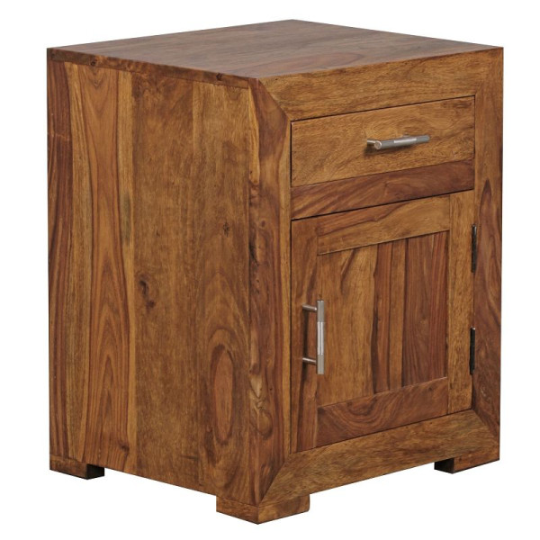Table de chevet Wohnling MUMBAI en bois massif design Sheesham, 60 cm avec tiroir et porte, WL1.761