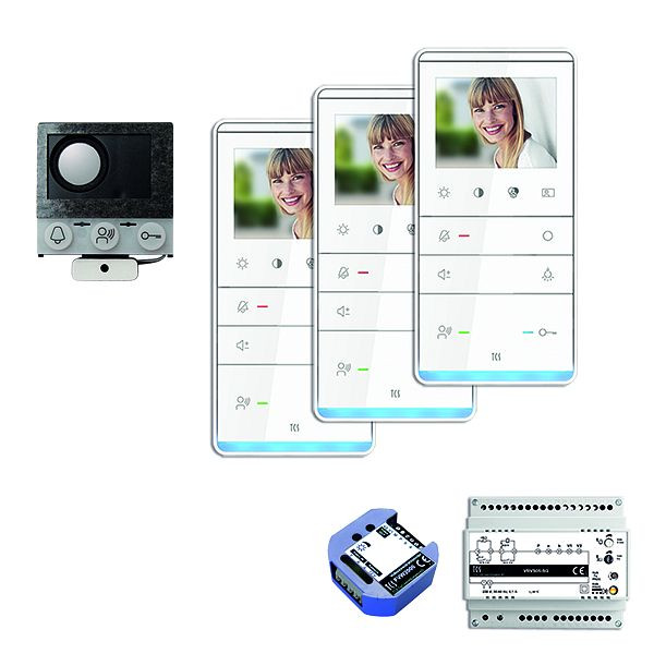 Boîte vocale encastrable vidéo TCS, 3 unités résidentielles, haut-parleur encastrable ASI12000 + 3x haut-parleur mains libres IVW5111, appareil de commande + transmetteur vidéo bifilaire, PVIF030/001