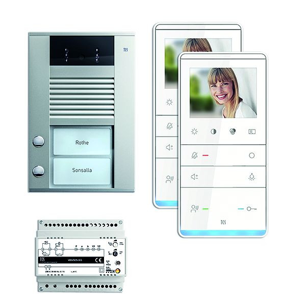 Vidéo commande de porte TCS : pack AP pour 2 unités d'habitation, avec platine de rue AVD 2 boutons de sonnerie, 2x haut-parleur mains libres vidéo IVW5111, commande, PVE16020-0010