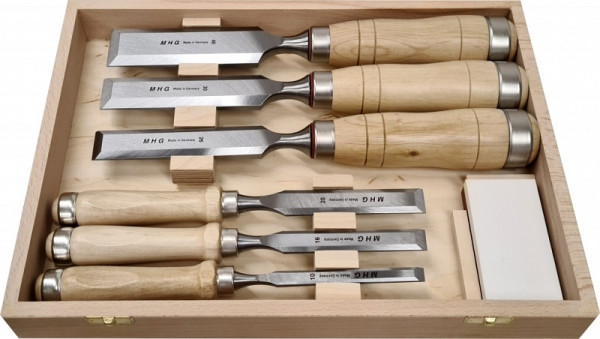 Jeu de burin / ciseau à bois MHG, contenu: ciseau à bois 10,16,20 mm ciseau à bois 26,30,40mm + pierre, taille: 7 pièces, 131104.07