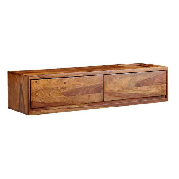 Wohnling Lowboard Suspendu en Bois Massif Sheesham 108x25x34 cm Meuble TV Marron, Table TV Design avec Espace de Rangement, avec Deux tiroirs, WL6.568