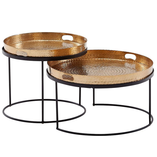Wohnling Lot de 2 tables basses rondes martelées en métal doré/noir, table de canapé avec plateau amovible, table de canapé 2 pièces moderne, WL6.461
