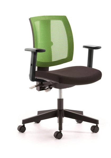 Chaise pivotante Mayer Sitzmöbel , particulièrement adaptée aux femmes, assise noire, dossier en résille verte, accoudoirs réglables en hauteur, 2232_AV_503