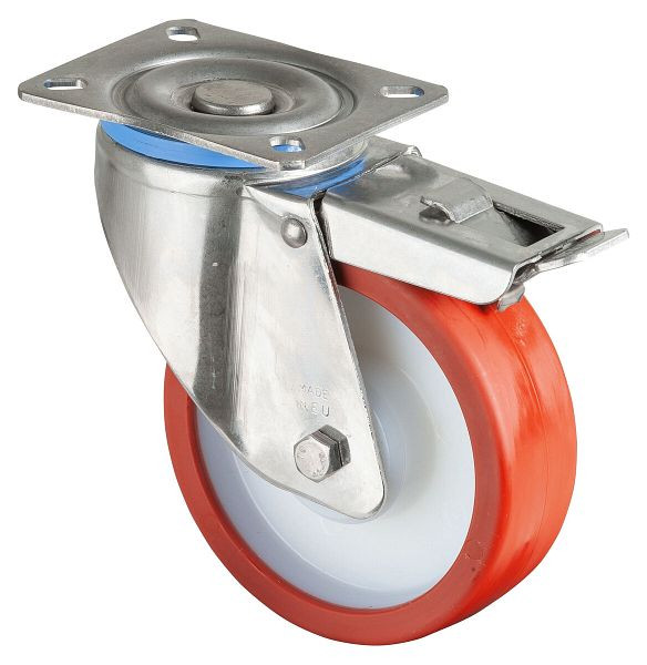 Roulettes BS Roulette robuste en acier inoxydable avec frein, B40 mm, Ø125 mm, jusqu'à 300 kg, surface polyuréthane rouge, roulement à rouleaux, HS120.B28.125