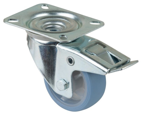 Roulette de transport pivotante BS Rollers avec frein, roue en caoutchouc thermoplastique, pneu bleu clair, roulement à rouleaux, plaque, 80 mm, lot de 4, L420.B44.081.05