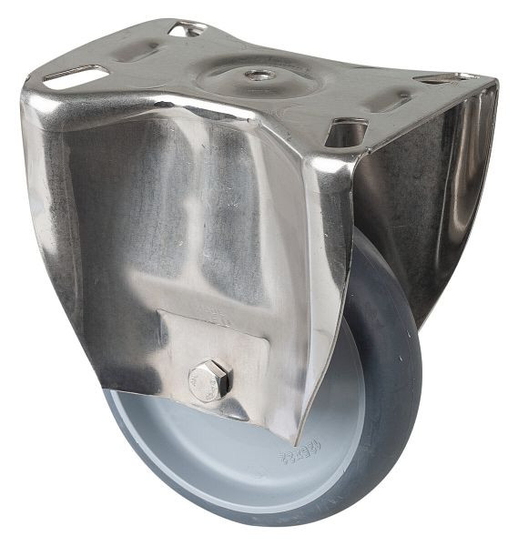 Rouleau de transport BS rollers inox, rouleau fixe, largeur 35 mm, Ø125 mm, jusqu'à 125 kg, pneus thermoplastique gris, plastique, palier lisse, platine, H110.B43.126