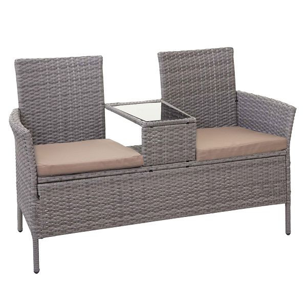 Banc en poly rotin Mendler avec table HWC-E24, banc de jardin, canapé de jardin, 132cm, gris, coussins crème, 65247