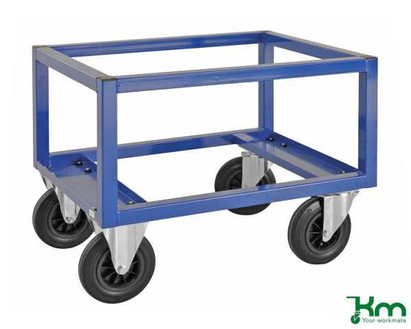 Chariot à palette Kongamek - bas, 2 roulettes fixes et 2 pivotantes en caoutchouc plein avec freins, Bleu, 800 x 600 x 650 mm, KM221-BHB