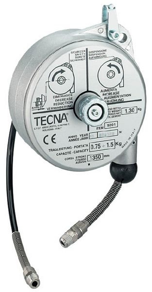 Équilibreur à ressort Bedrunka+Hirth avec tuyau, max. 8 bar, 30 L / min., 1 / 4 "des deux côtés, rallonge 1400 mm, capacité de charge 0,8 - 1,5 kg, 03.900.61