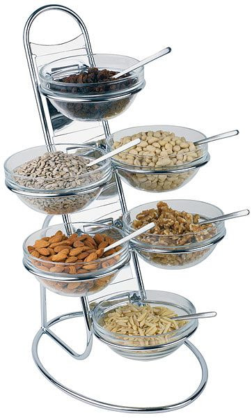 Echelle de buffet APS, 4 marches, Ø 30 cm environ, hauteur 48 cm, métal chromé, 11 éléments, 6 vasques en verre Ø 14cm, 1 échelle, métal chromé, 11499