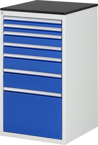 Armoire à tiroirs RAU série 7000, L580xP650xH1030mm, tiroirs : 2xH60, 2xH90, H120, H150, H360mm, plan de travail mélaminé résineux, 03-L7.9A-M.11