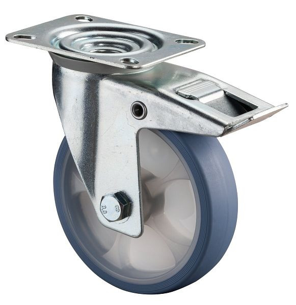 Roulette de transport pivotante BS Rollers avec frein, roue en caoutchouc thermoplastique, pneu bleu clair, roulement à rouleaux, plaque, 125 mm, lot de 2, L420.B44.126.05