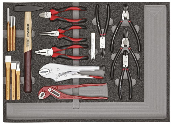 GEDORE jeu d'outils rouge composé de pinces, marteaux et burins dans un module en mousse 3/3, 29 pièces, 3301682