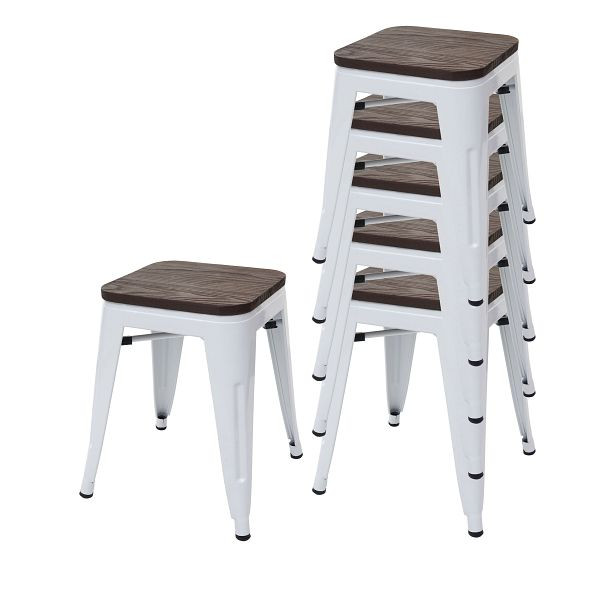 Ensemble de 6 tabourets Mendler HWC-A73 avec siège en bois, tabouret en métal, design industriel en métal, empilable, blanc, 70398 + 70772