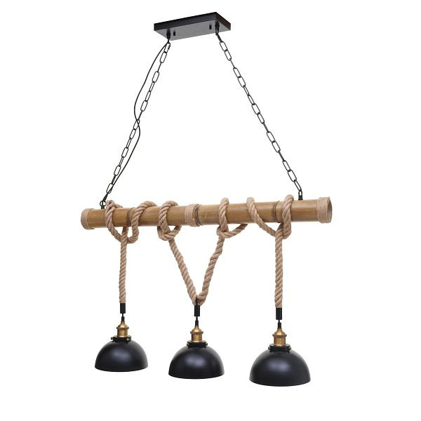 Suspension Mendler HWC-H82, lampe suspendue suspension, corde de bambou vintage industrielle métal noir, abat-jour dôme 3x, 74201